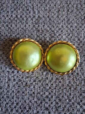 Vintage Gold-Trim Lime Green Button Earrings